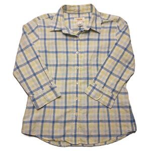 Talbots Womens S  Top Linen Blend Plaid Button Up 3/4 Sleeve Shirt
